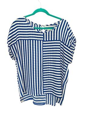 Holly & White Womens Short Sleeve Blue White Sheer Size Large Blouse Shirt Top
